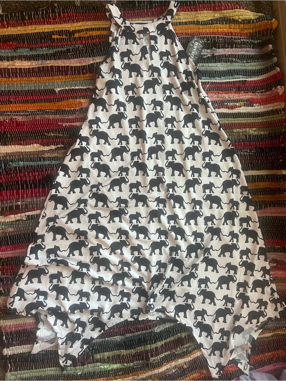 Nina Leonard White Dress with Black Elephant Print